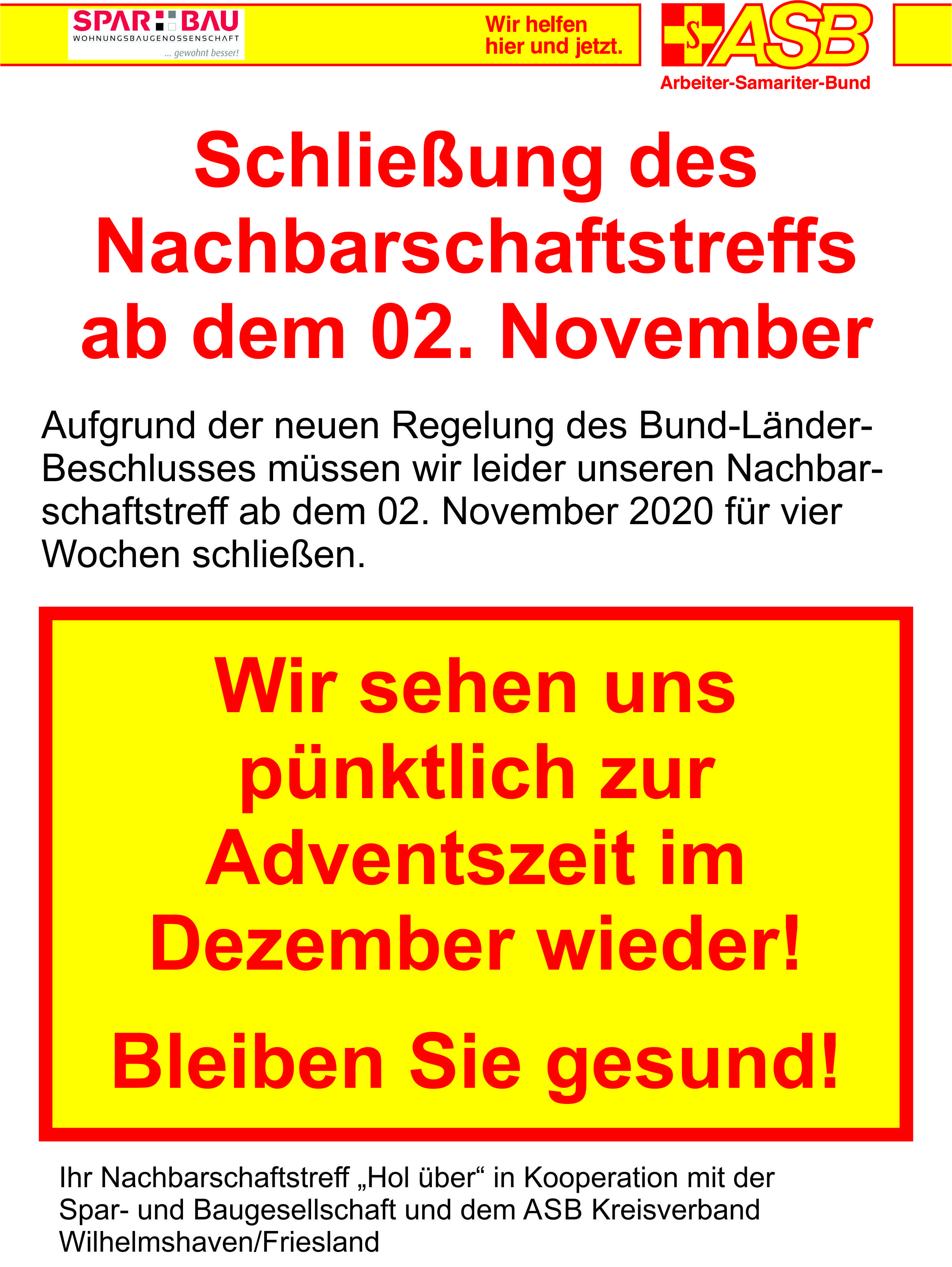 Schließung des Nachbarschaftstreffs ab dem 02. November